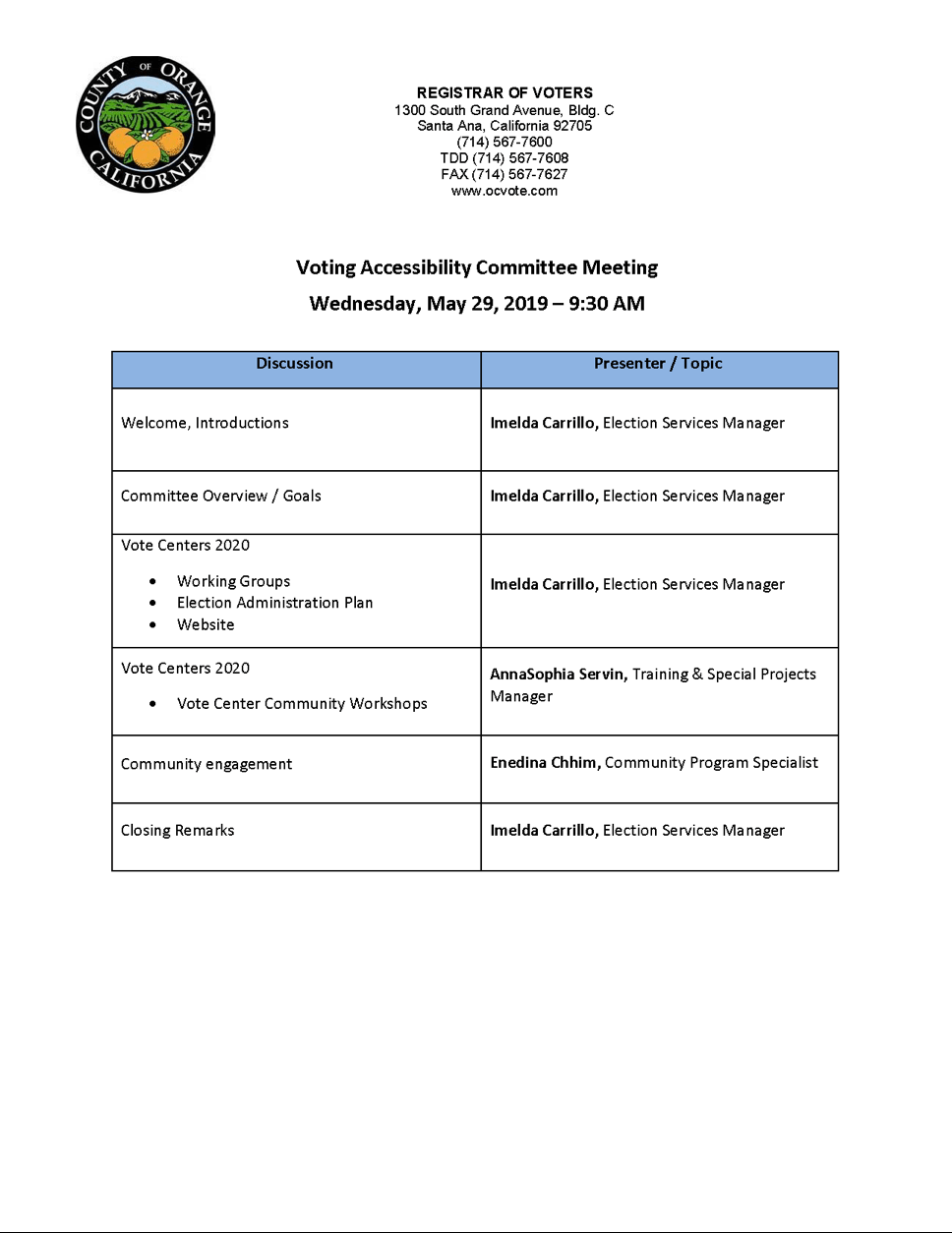 Voting Accessibility Committee Meeting Agenda